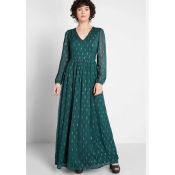 Modcloth Enchanted Evening V Neck Maxi Dress Long Sleeve Retro Holiday Large - Picture 1 of 13